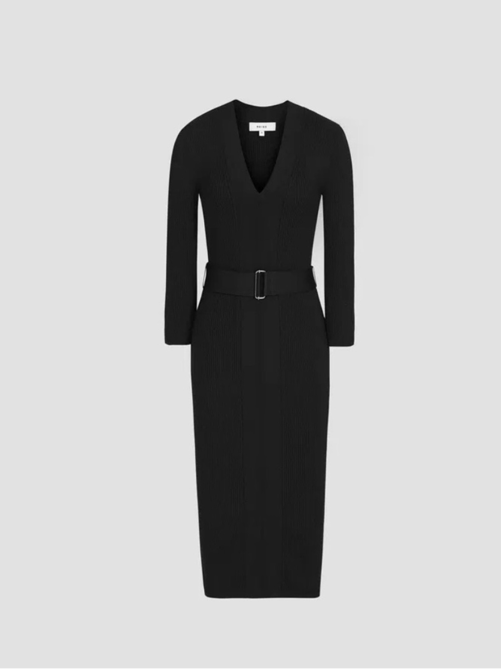 Reiss Black V-Neck Ribbed Knit Belted Midi Dress
